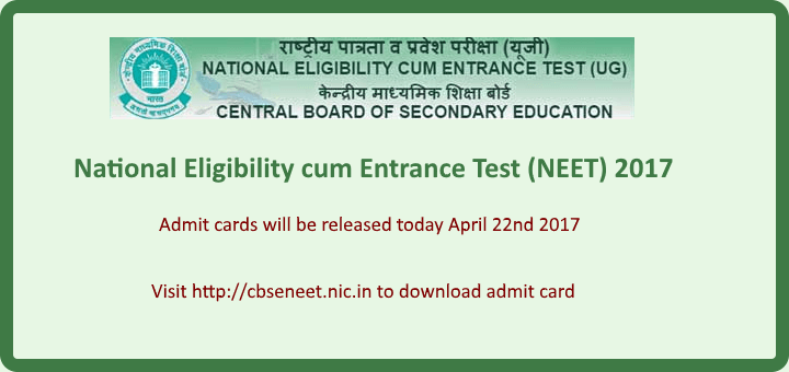 NEET 2017 Admit card to be released today